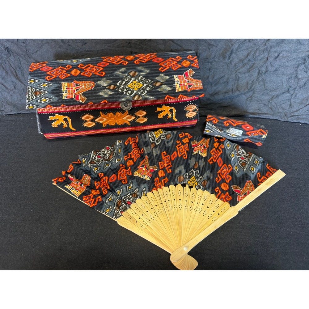 Batik Sutra Khas Sulawesi 3pc Set Silk Clutch Hand Fan Lipstick Case Indonesian